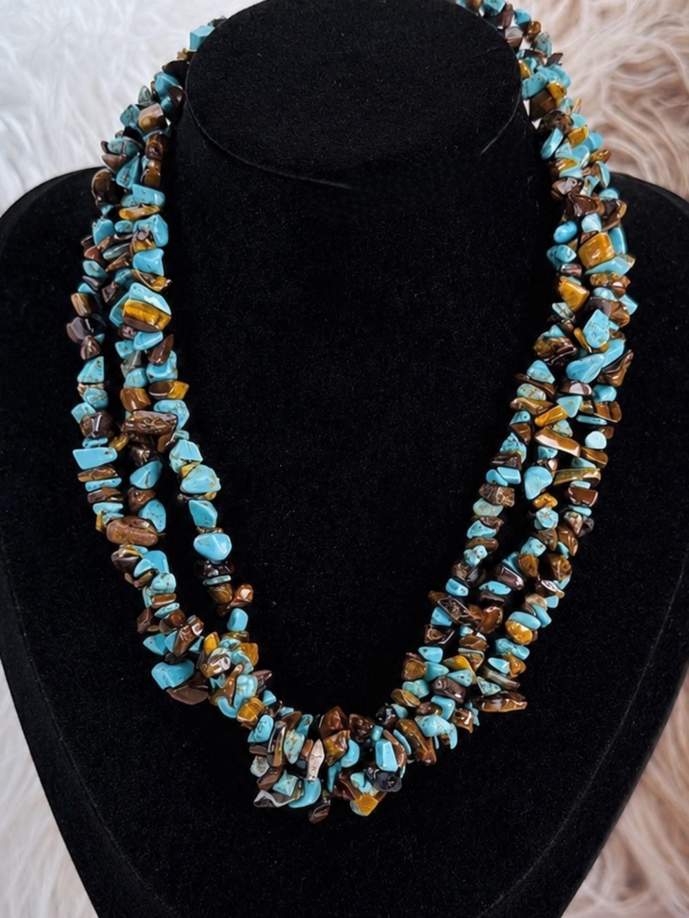 Vintage 3 Strand Blue & Brown Chip Stone Statement Necklace Boho Southwest